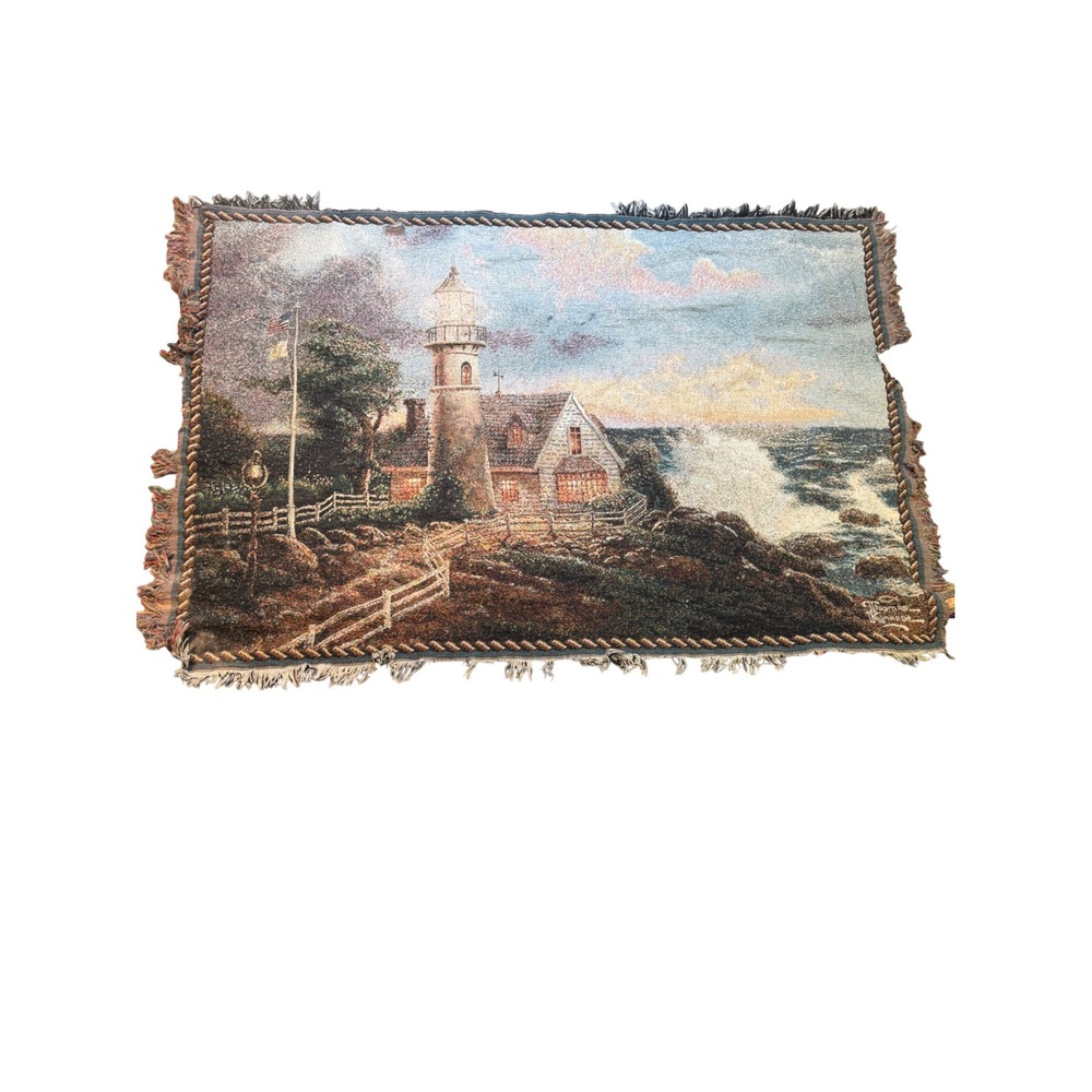 Thomas Kinkade Lighthouse Woven Throw Blanket‎ Tapestry 40x59 Coastal Cottage